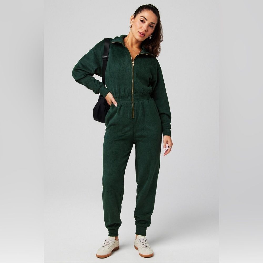 Cozy Cord Zip Onesie pant Sweater in the color Everpine. Green